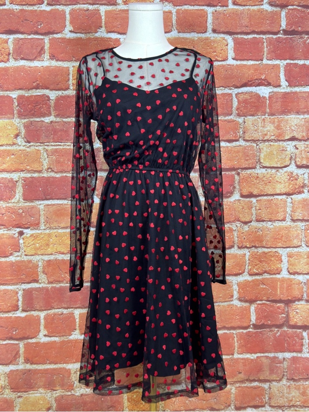 Modcloth Black Dress Red‎ Heart Pattern Long Sleeve Size Small Sheer Key Hole